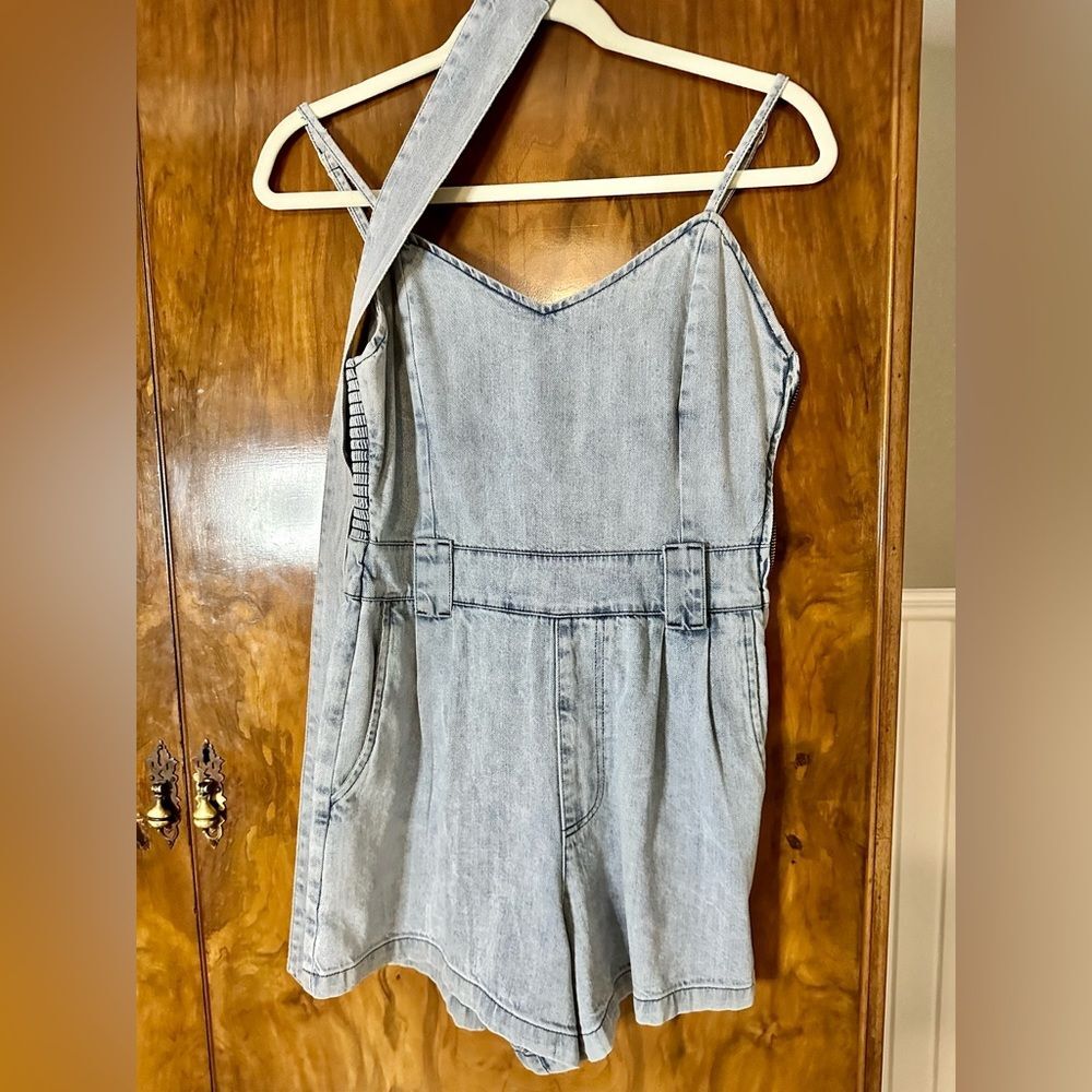 Denim romper with belt.